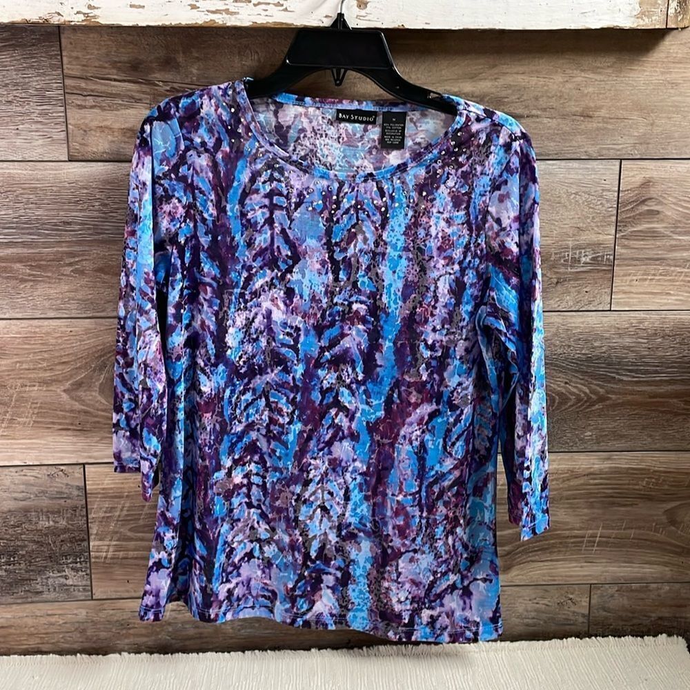 Bay Studio Ladies Abstract Top with Bling, Size M, Purple & Blue Multicolor